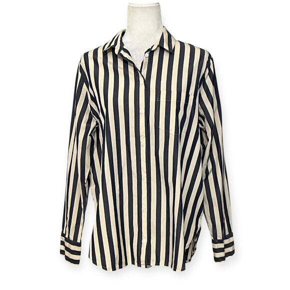 Madewell Women's M Beige Navy Stripe Button Down Shirt Long Sleeve - Picture 1 of 9